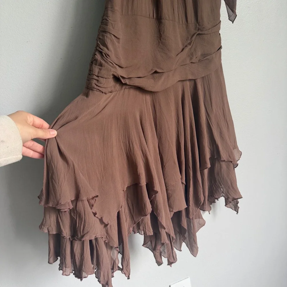Vintage Y2K Bebe Silk Halter Handkerchief Hem Dress Brown XS Asymmetrical - Picture 3 of 15